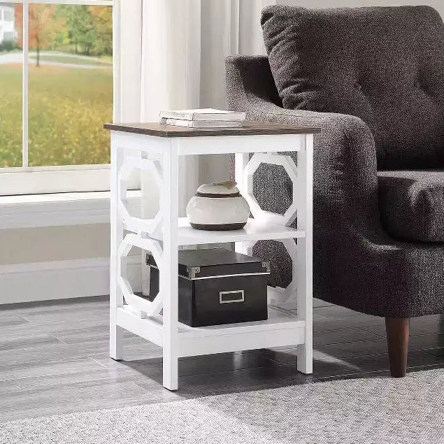 End Table with Octagon Cut Out Panels and Three Tier Shelves, Sleek Geometric Design Accent Table for Living Room Storage Dcor