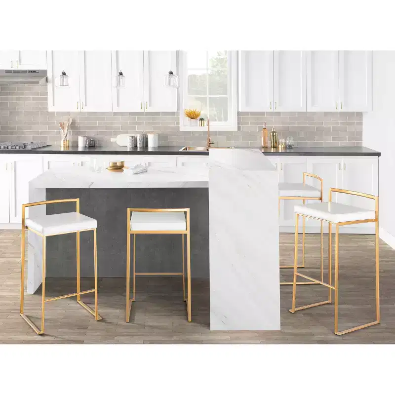 LumiSource Set of 3 Fuji Stacker Counter Height Barstools Gold/White PU