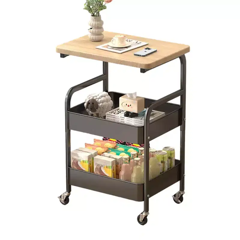 3-Tier Utility Cart with Walnut Wood Tabletop, Rolling Multi-Purpose Organizer for Snacks, Coffee and Makeup, Metal Frame with Lockable Wheels