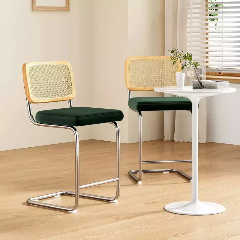 PexFix 2Pcs Counter Height Bar Stools Upholstered Velvet Barstools with Rattan Back 24 Stools Armless Bar Chairs for Kitchen Island Blackish Green