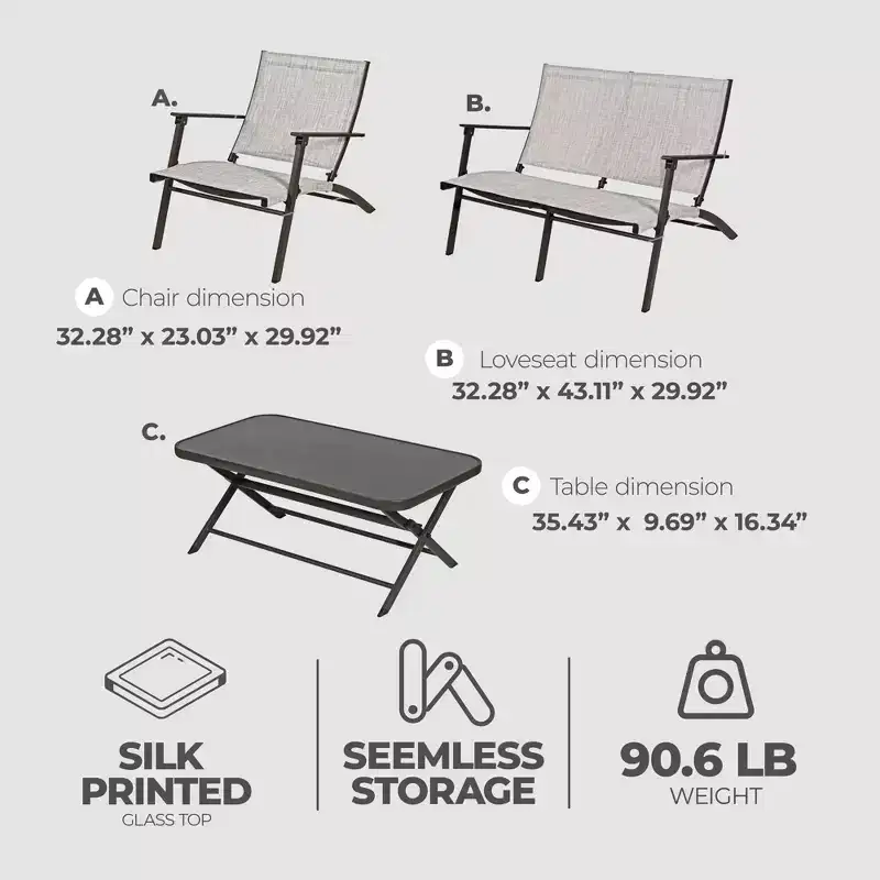 Four Seasons Courtyard Novara 4 Piece Steel Folding Outdoor Conversation Set with 2 Folding Chairs, 1 Loveseat, and 1 Table, Tan/Espresso