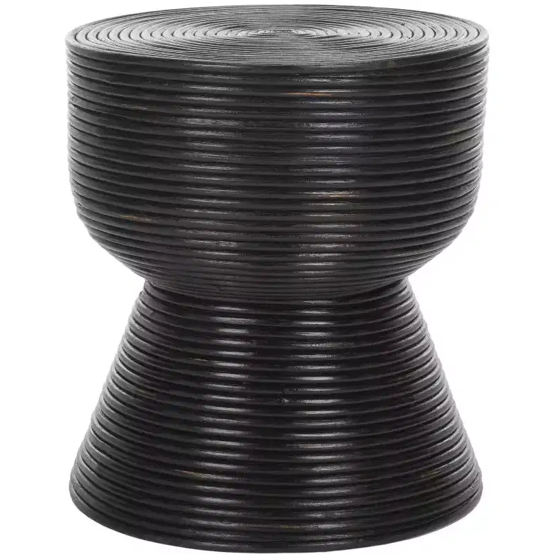Round Rattan Accent Table, Distressed Black