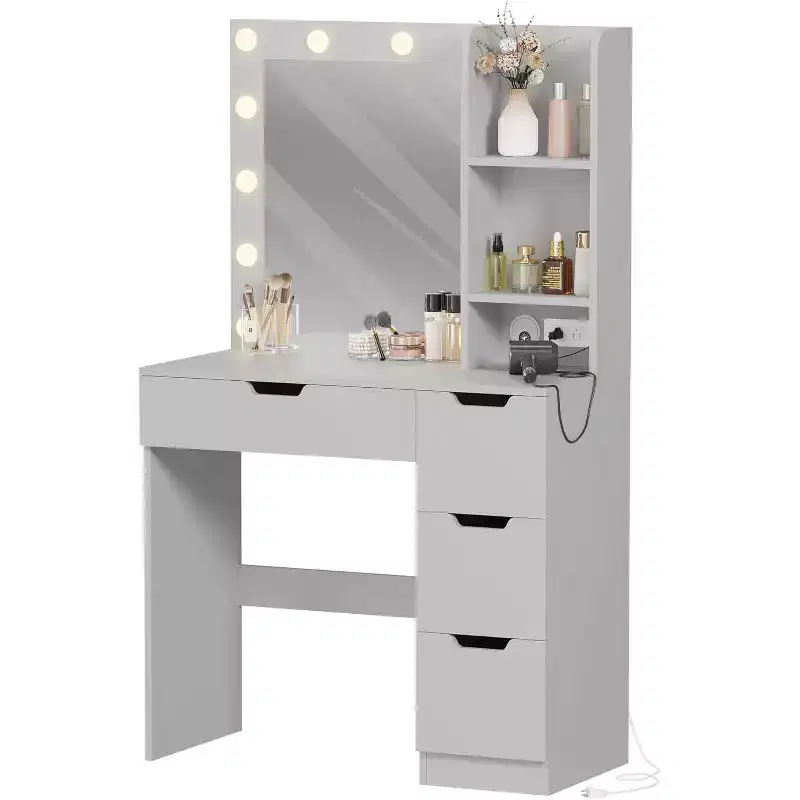 Vanity Desk with Mirror, LED Lights, Drawers, and Charging Station