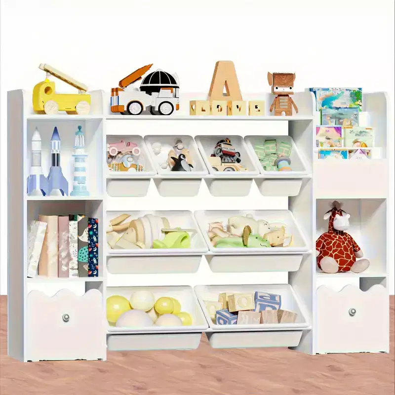4 In 1 Kids Bookcase with Storage Bins & Rolling Drawers Montessori Toy Organizer for Playroom & Bedroom