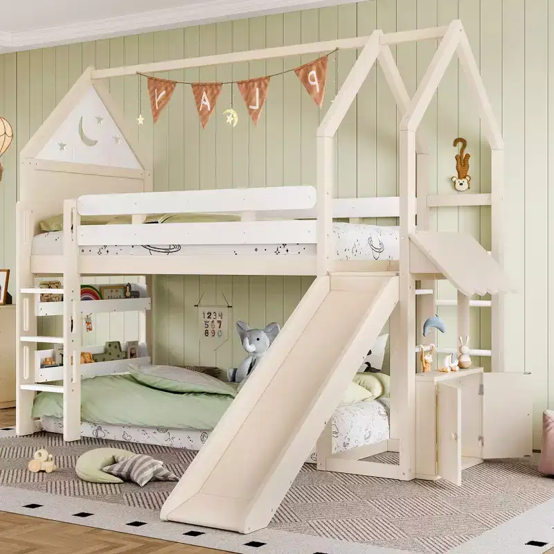 Beige/Black House-Style Loft Bed with Slide & Bookshelf, Twin/Full, for 1