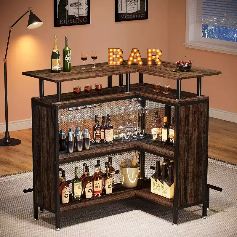 Lantine L-Shaped Home Bar Unit: Rustic Brown, with stemware racks, 2-tier shelves, footrest.