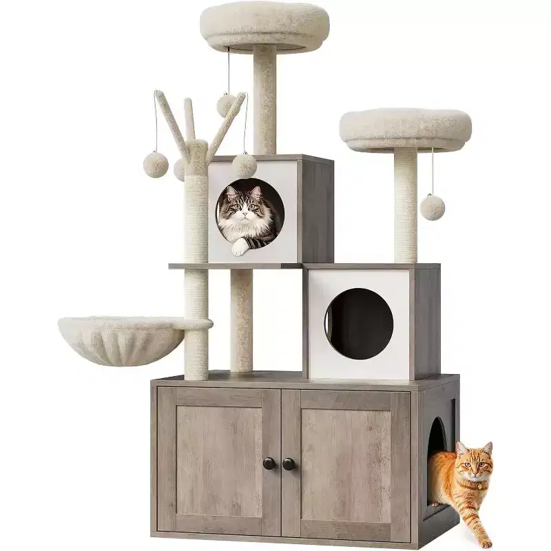 Cat Tree with Litter Box Enclosure, 2-in-1 Modern Cat Tower with Hammock and Scratching Posts