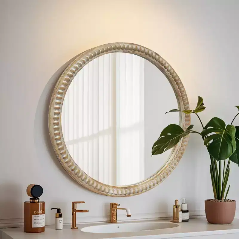Modern Round Decorative Wall Mirror with Beaded Frame, Vanity Mirror for Bathroom, Accent Mirror for Living Room or Entryway