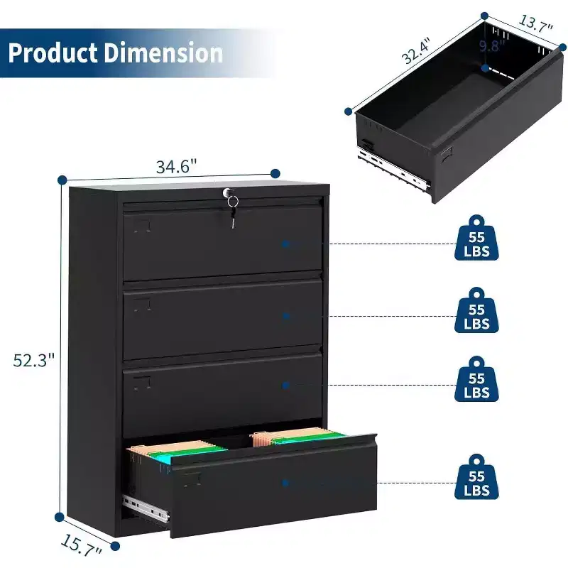 4-Drawer Lateral File Cabinet with Lock, Heavy Duty Steel Wide Filing Cabinet for Legal/Letter/a4, Secure Office Storage Organizer, Easy Assembly