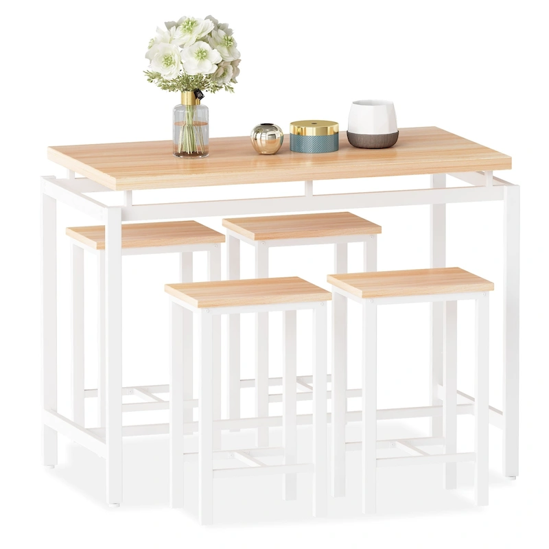Mieres Minimalist Industrial Style Wooden Top 5 Pieces Dining Table Set with Four Stools for Ktichen and Dining Room
