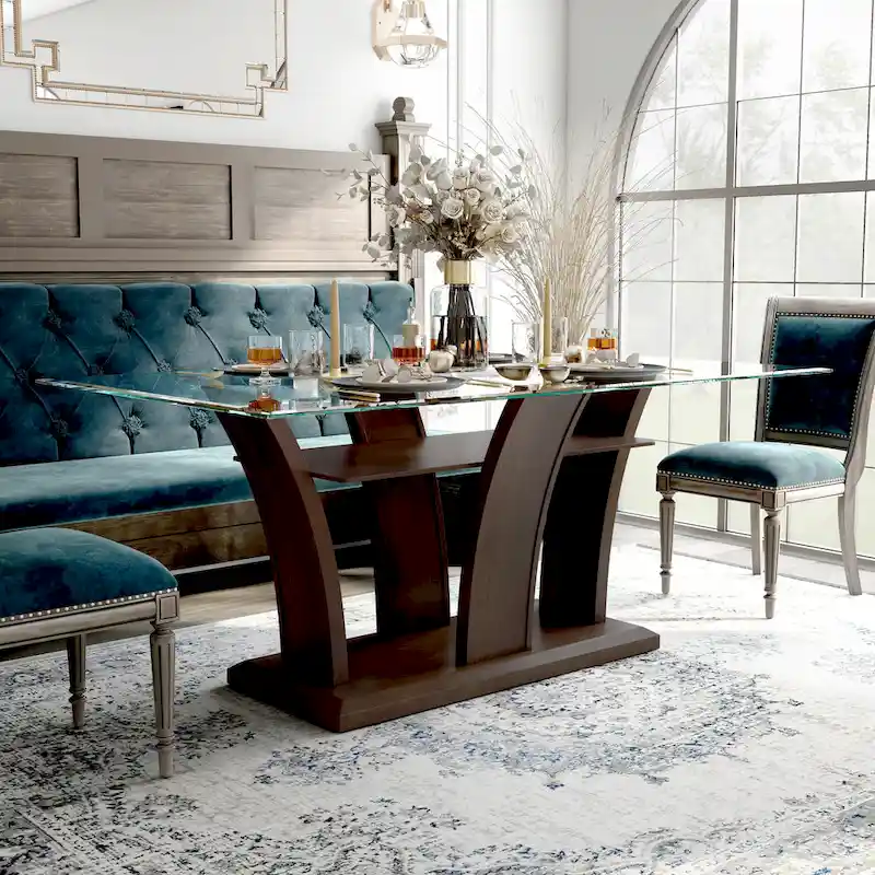 Modern-Style 72-Inch Dining Table with Glass Top (Cherry Finish)