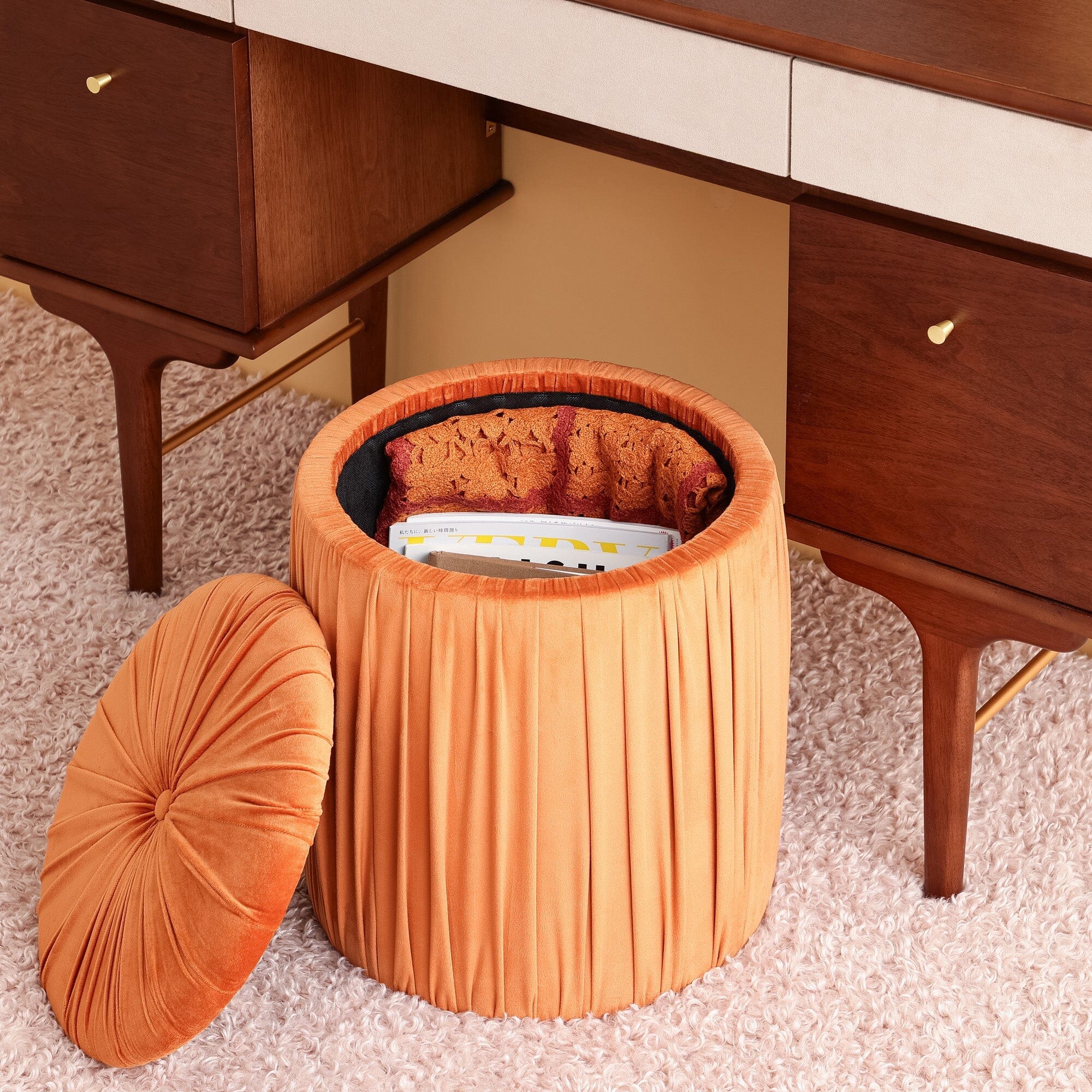 Orange Pleated Texture Accent Stool