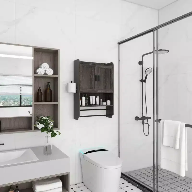 sumyeg Bathroom Wall Cabinet with Doors, Adjustable Shelf, Towel Bar, and Paper Holder