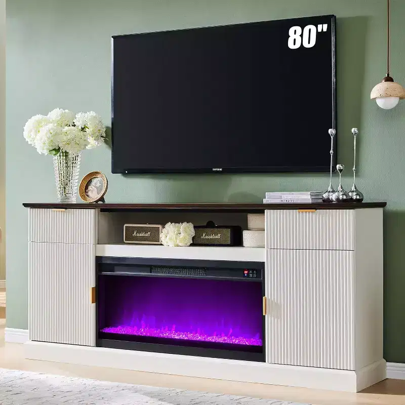 70 Fluted Fireplace TV Stand for 80 TVs, Modern Entertainment Center w/36 Electric Fireplace, Wood Media TV Console Table w/Storage