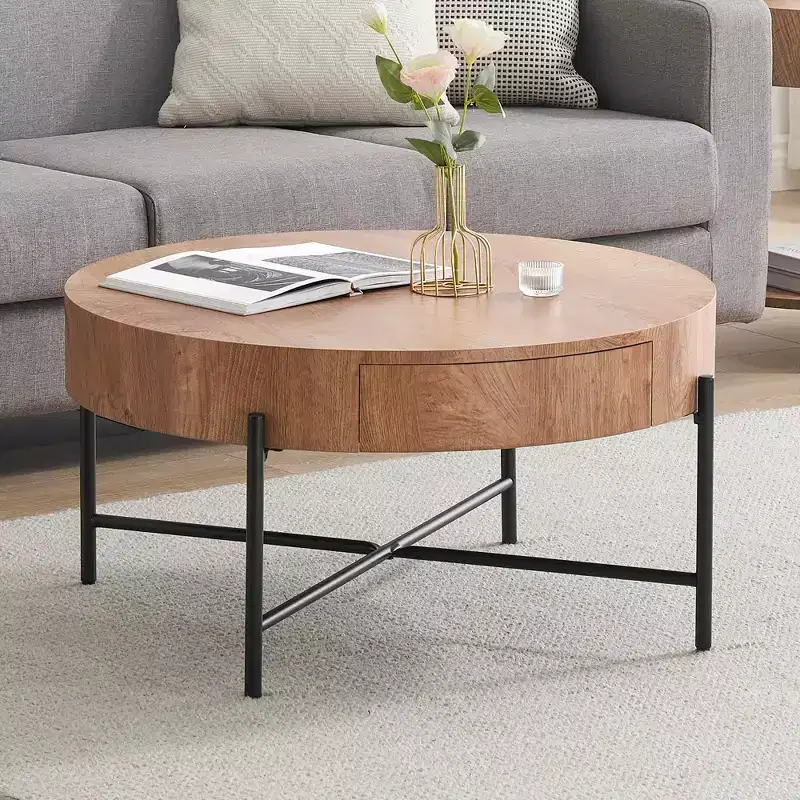 Wood Round Coffee Table with Drawers, 1
