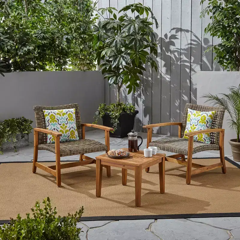 GDFStudio Savannah Outdoor Acacia Wood and Wicker 3 Piece Chat Set