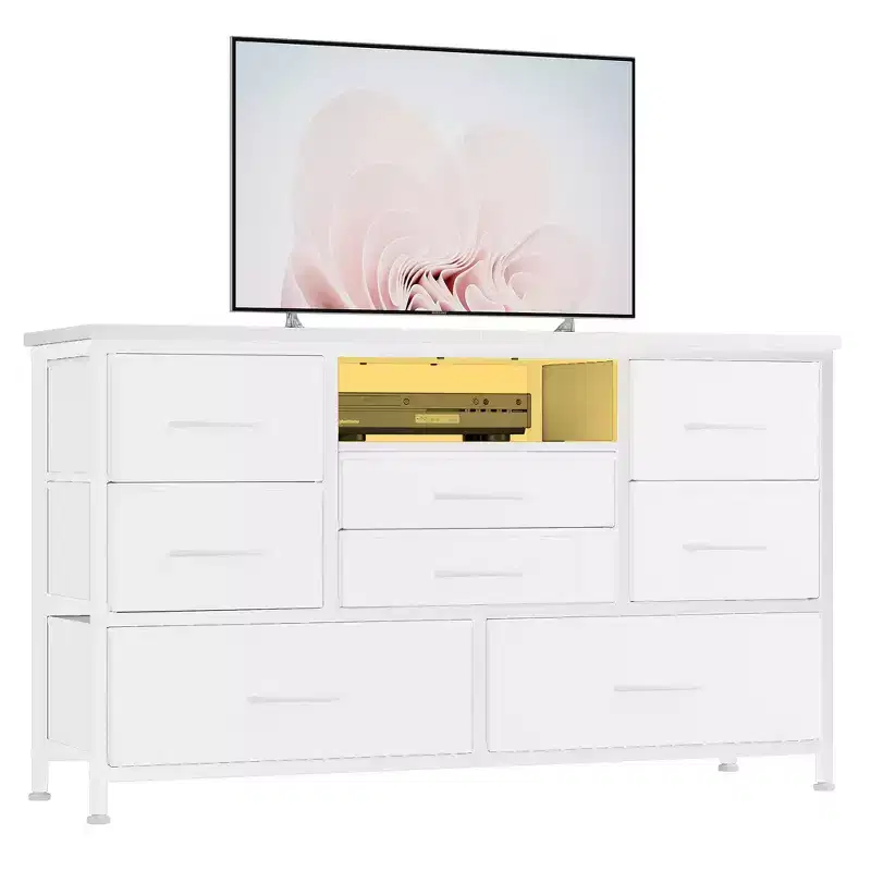 8-Drawer Dresser TV Stand with Power Outlets & RGB LED Lighting, White Leather, Wood Top, Fits 55 TV, Deep Fabric Drawers, for Bedroom/Living Room