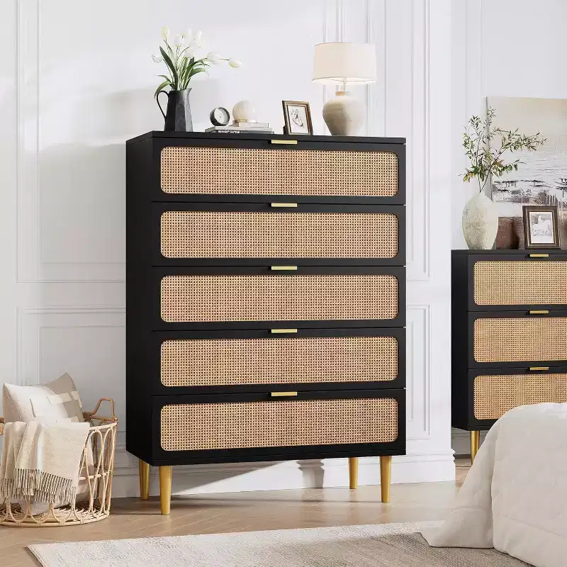 Rattan 5 Drawer Tall Dresser  Deep Storage Chest, Floor Standing Wooden Cabinet for Bedroom, Closet, Living Room