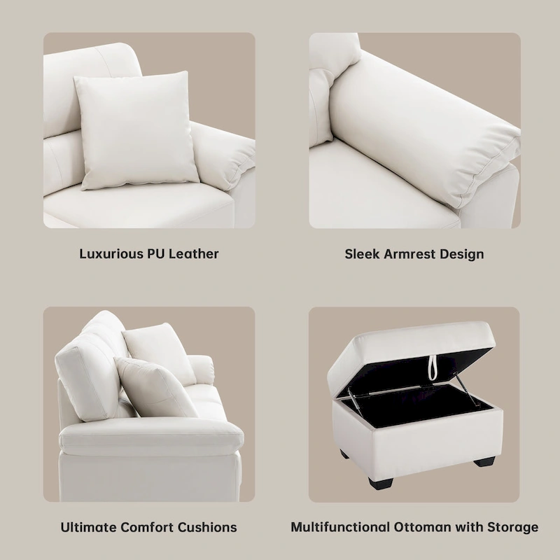 Upholstered Living Room Set, 4 Pieces - Faux Leather Chair, Loveseat, sofa with Ottoman