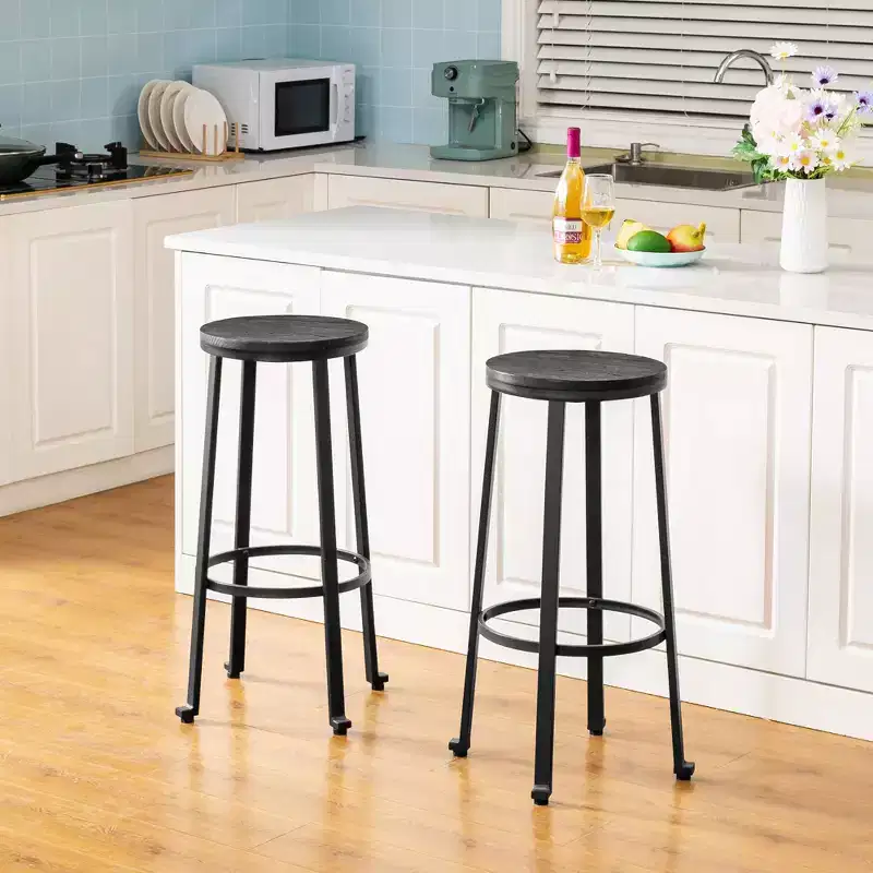 Steel Bar Stools Set of 2 with Round Elm Wood Top - 29-Inch