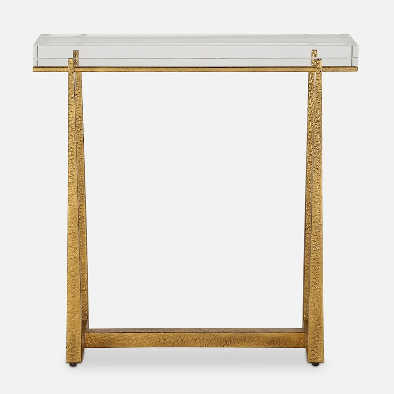 Thick Crystal Top End Accent Table - 24  - Antique Gold