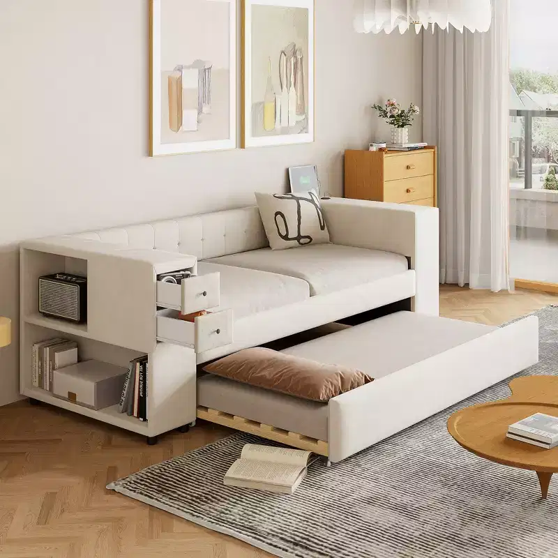 Upholstered Twin Size Daybed with Storage and Trundle, Velvet Sofa Bed Frame with USB Charging Ports for Living Room