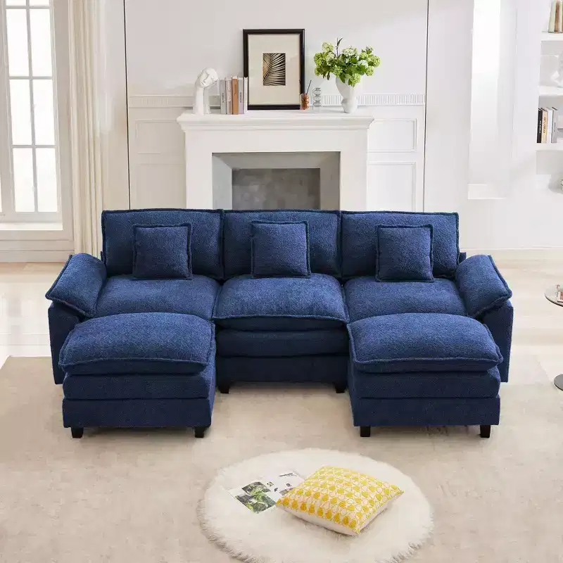 105.9 in. Chenille Fabric 5 seat Sectional Sofa with 2 Ottomans in Dark Blue
