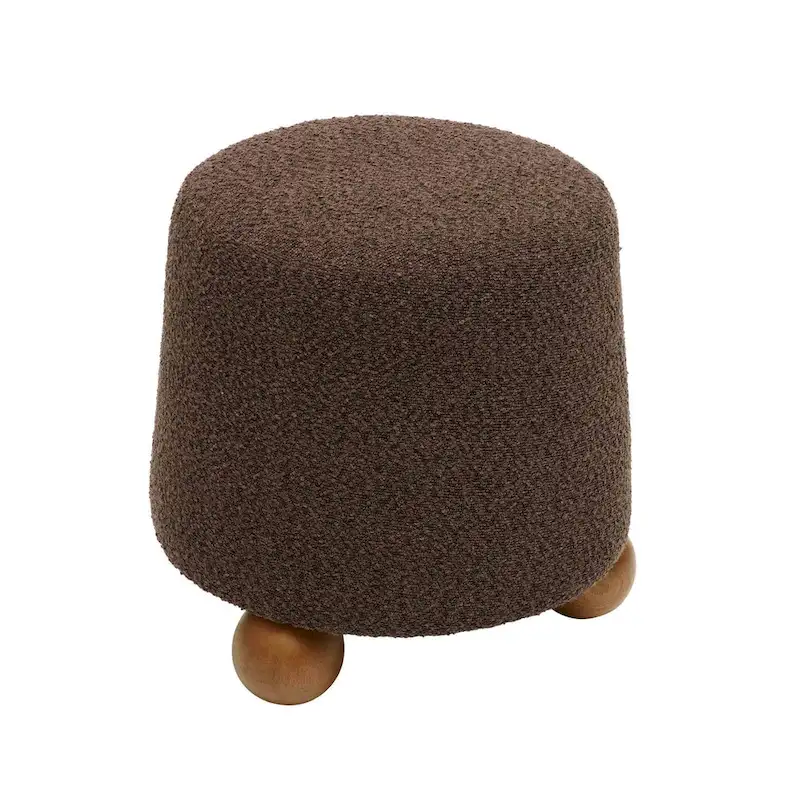 Boucle Upholstered Stool with Solid Wood Legs
