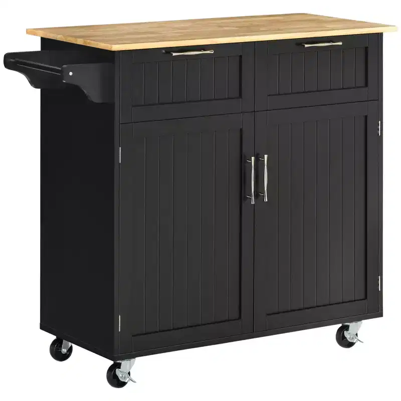 HOMCOM 41 Modern Rolling Kitchen Island on Wheels, Utility Cart Storage Trolley with Rubberwood Top & Drawers