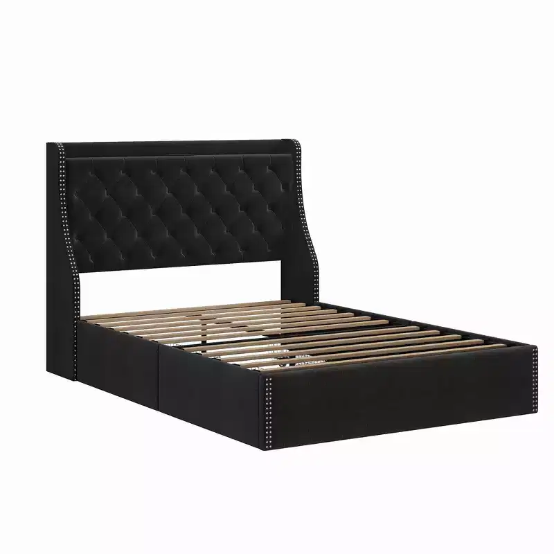 Bed Frame with 4 Storage Drawers, Bed Frame with Wing Back Headboard, Charging Station, Diamond Cluster Design, No Spring Box,