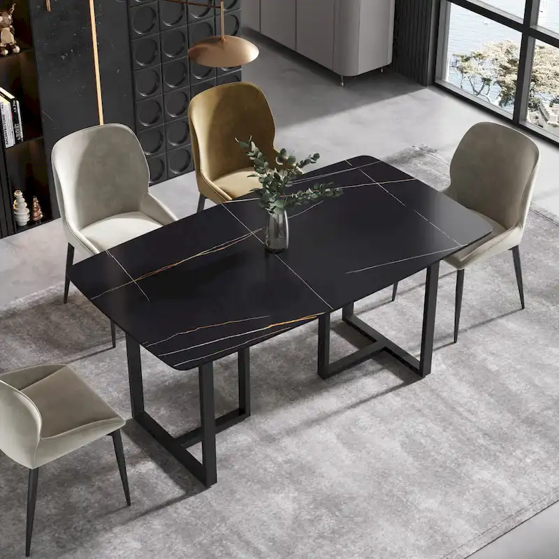 63-Inch Dining Table with Sintered Stone Tabletop and Metal Base