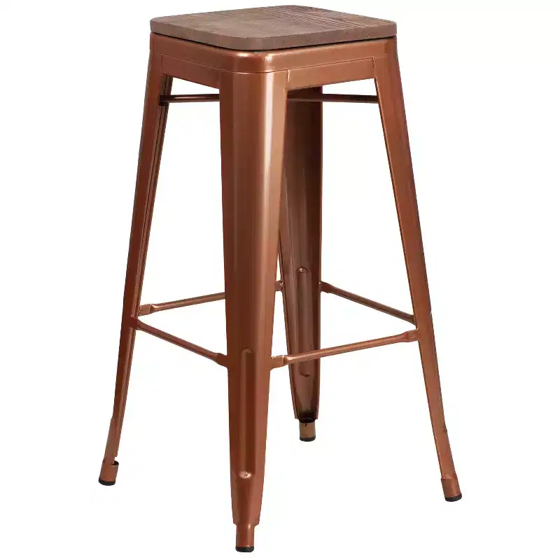 Backless Metal Dining Stool with Wooden Seat, 30