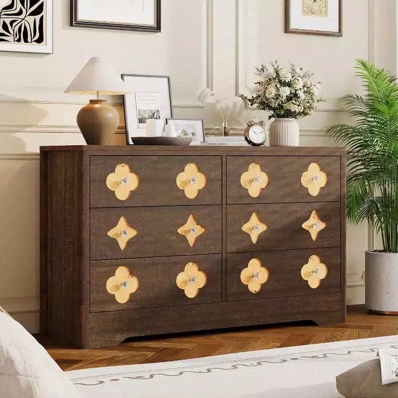 Dresser for Bedroom with 6 Drawers, 47.2'' Wide Chest of Large Decorative Drawer Front with Large Clothes Storage Cabinet, Wood Bedroom Dresser