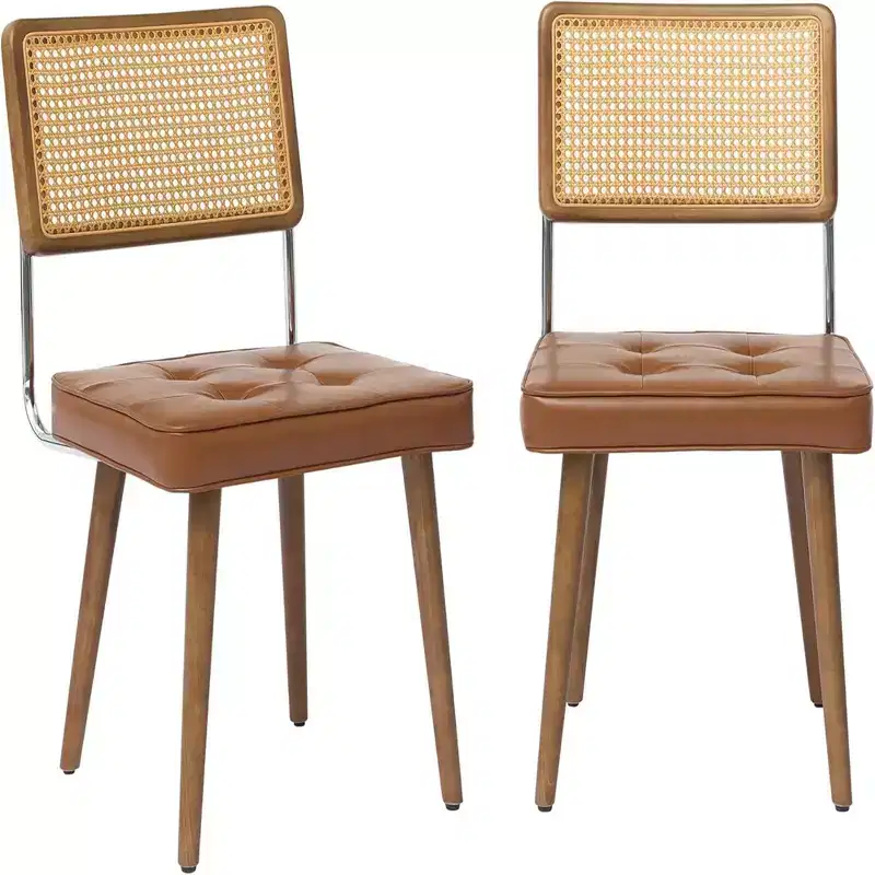 GustoWave Rattan Back Dining Chair of 2, PU Upholstered Kitchen Chairs for Dining Room, Kitchen, Restaurant, Brown