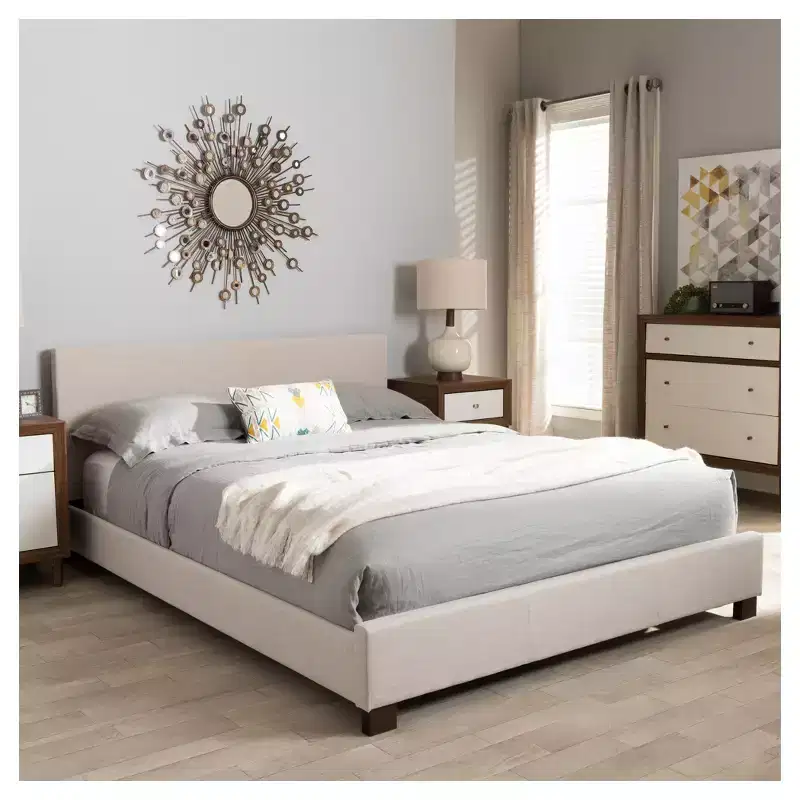Queen Platform Bed with Panel-Stitched Upholstered Headboard – Light Beige Polyester, No Box Spring