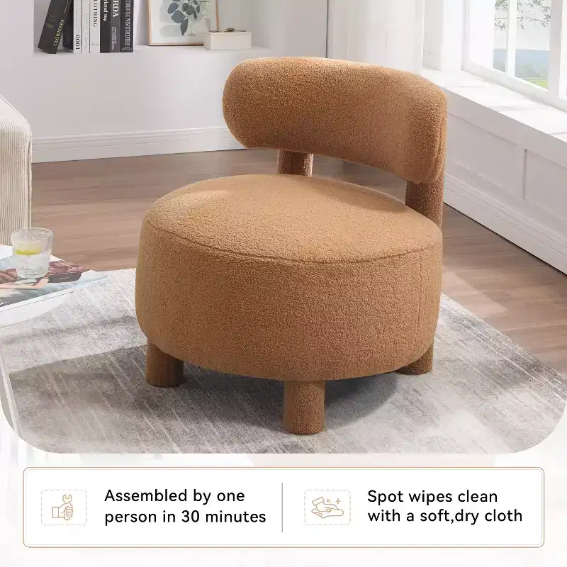 Upholstered Accent Chair Armless Side Chair with Curved Backrest, Teddy/Fur, White/Khaki - ModernLuxe
