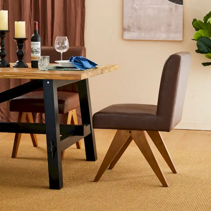 Faux Leather Upholstered Dining Chairs with V-Shaped Wood Legs