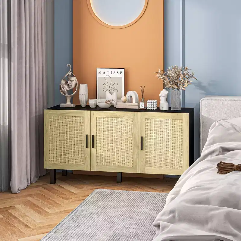 HOMCOM Sideboard Buffet Cabinet, Kitchen Cabinet & Coffee Bar Cabinet with 3 Rattan Doors and Adjustable Shelves