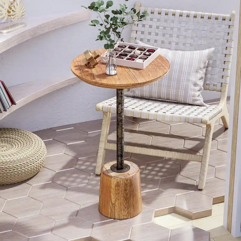 Farmhouse Pedestal End Table, Rustic Wood Drink Table with Base