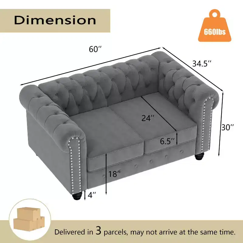 60 in. Velvet Gray Couches 2-Seater Loveseat for Living Room Furniture Sets-Morden Fort