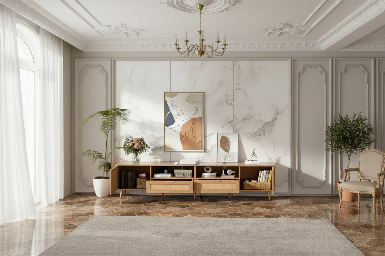 86-Inch TV Stand with Rattan Doors and Solid Wood Legs