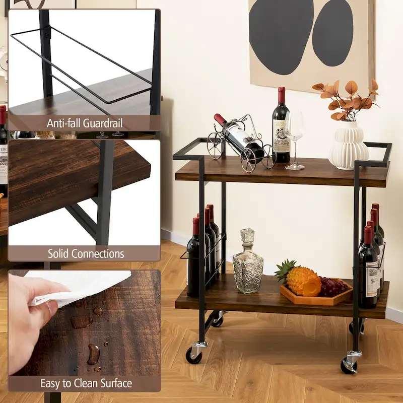 Gymax Home Bar Cart 2-tier Home Bar Cart w/ Lockable Wheels &