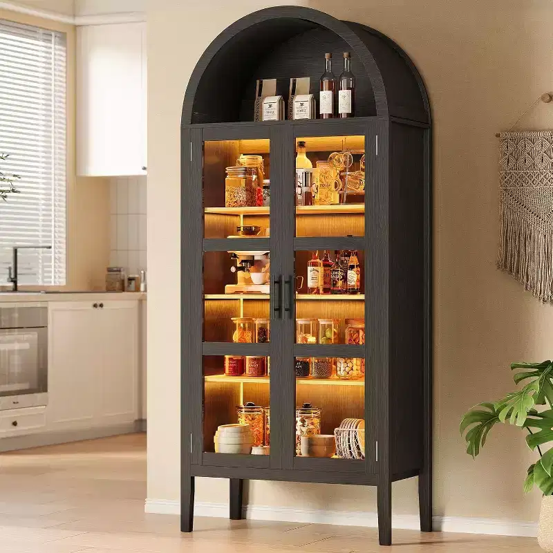 71 Inch High Arched Storage Closet with 3 Color Lights, 5-Level Kitchen Pantry Cabinet with Glass Doors, Versatile Arched Dining Room Shelf