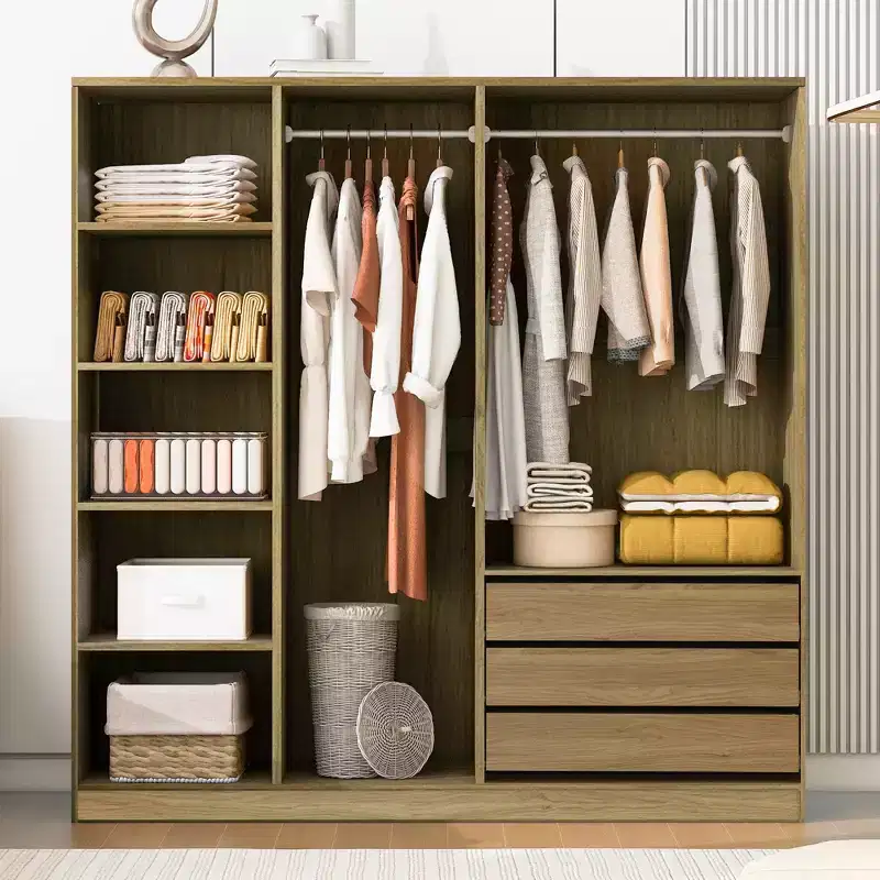 Whisen Doorless Wooden Storage Wardrobe with Shelves and 3 Drawers - Natural