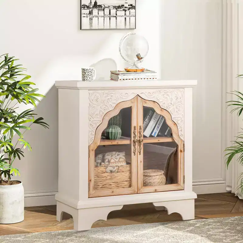 Vintage Hollow Carved 2-Door Wood Storage Cabinet with Glass Doors