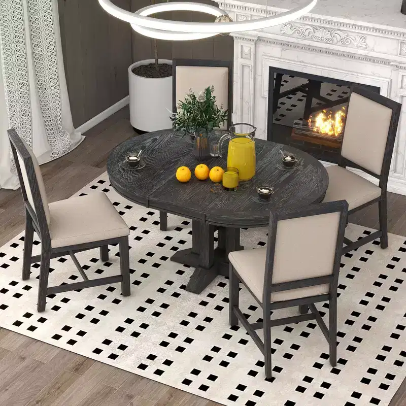 Farmhouse 5 Piece Kitchen Dining Set for 4, Solid Wood Extendable Round Dining Table Set and 4 Upholstered Chairs for Kitchen