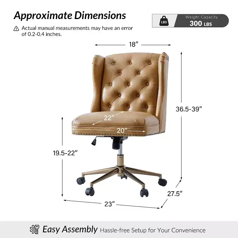 Hazel Traditional Faux Leather Wingback Office Chair — Tufted, Bronze Nailhead, Camel