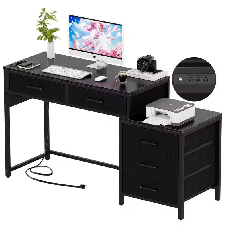 Home Office Desk with File Drawers and Charging Station