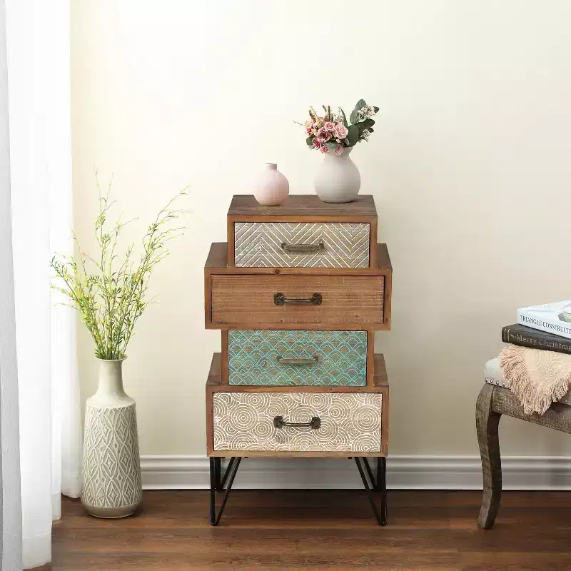 4-Drawer Wood Accent Chest, Mid-Century Apothecary Style, Brown, 33H x 18.9W in