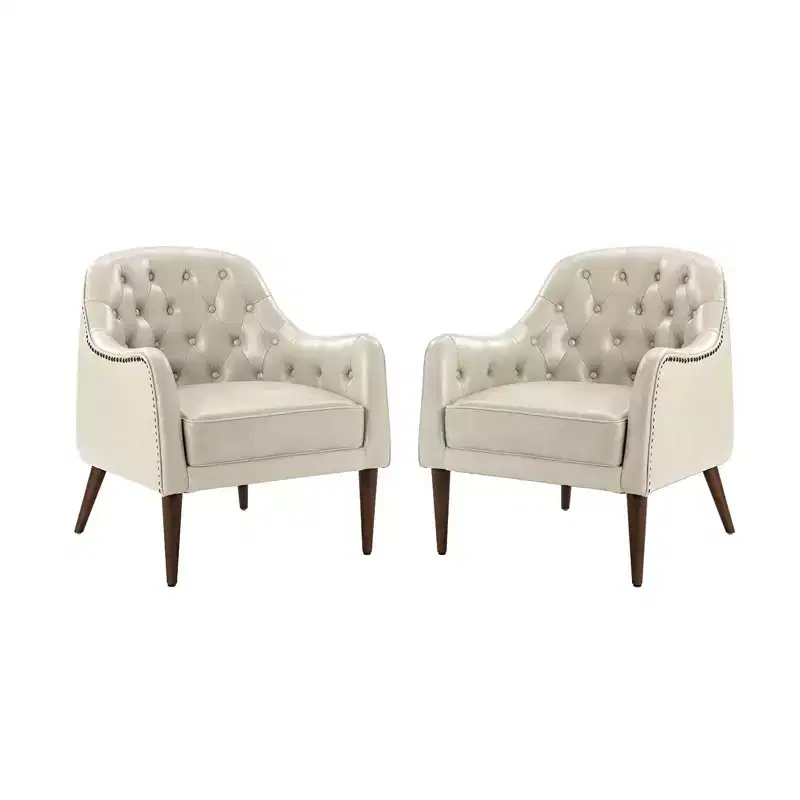Set of 2 28.5 Wide Tufted Genuine Leather Wood Legs Accent Barrel Chair for Living Room with solid wood legs